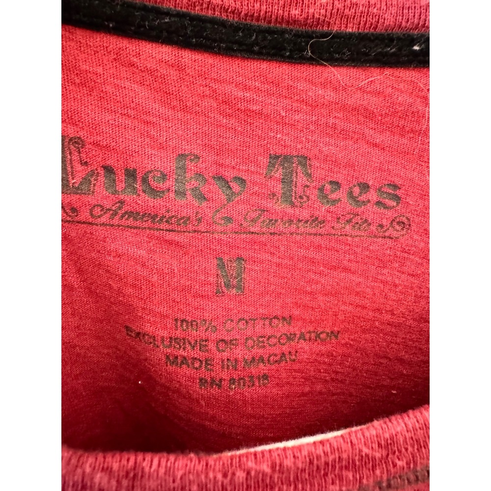 Are you getting Lucky tonight Tee Burgundy Red Studded  Logo Cotton Sz M‎ - Picture 3 of 6